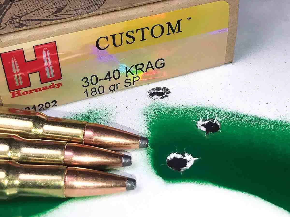 Hornady Custom .30-40 Krag ammunition loaded with 180-grain bullets shot this group from an old Krag rifle.